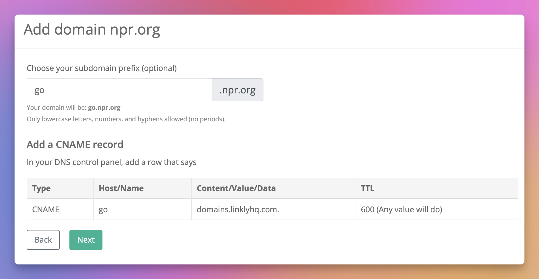 Add custom subdomains to Linkly