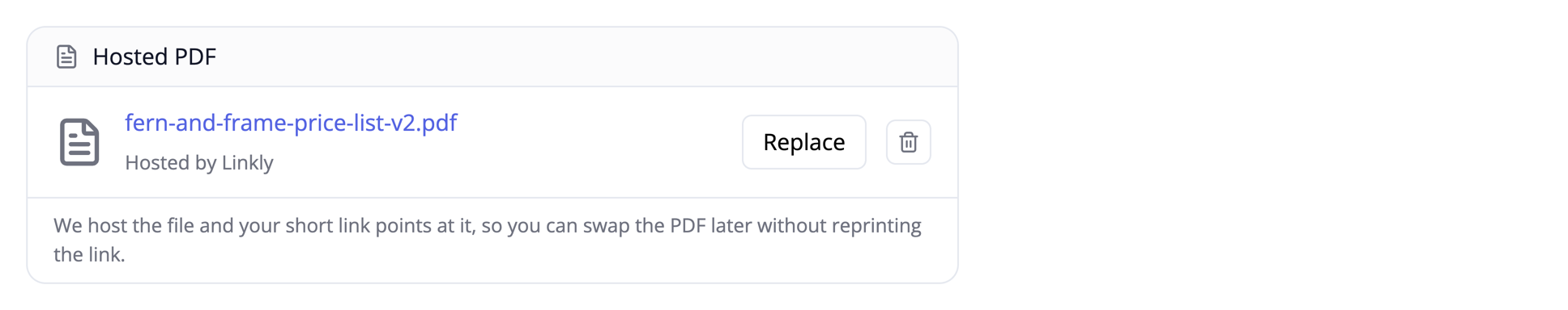Le panneau PDF hébergé sur un lien, avec Remplacer à côté du nom du fichier