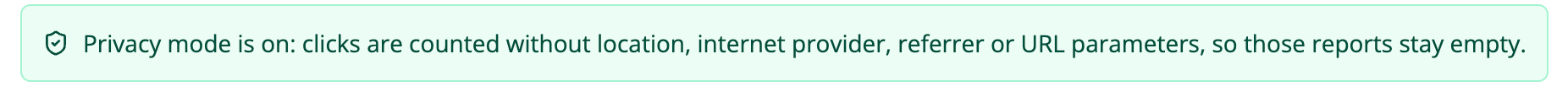 The analytics page notice: "Privacy mode is on: clicks are counted without location, internet provider, referrer or URL parameters, so those reports stay empty."