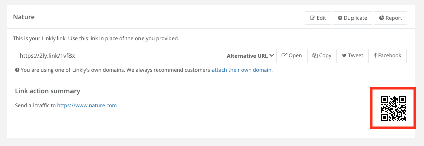 After you've saved the link, Linkly will show a QR code: