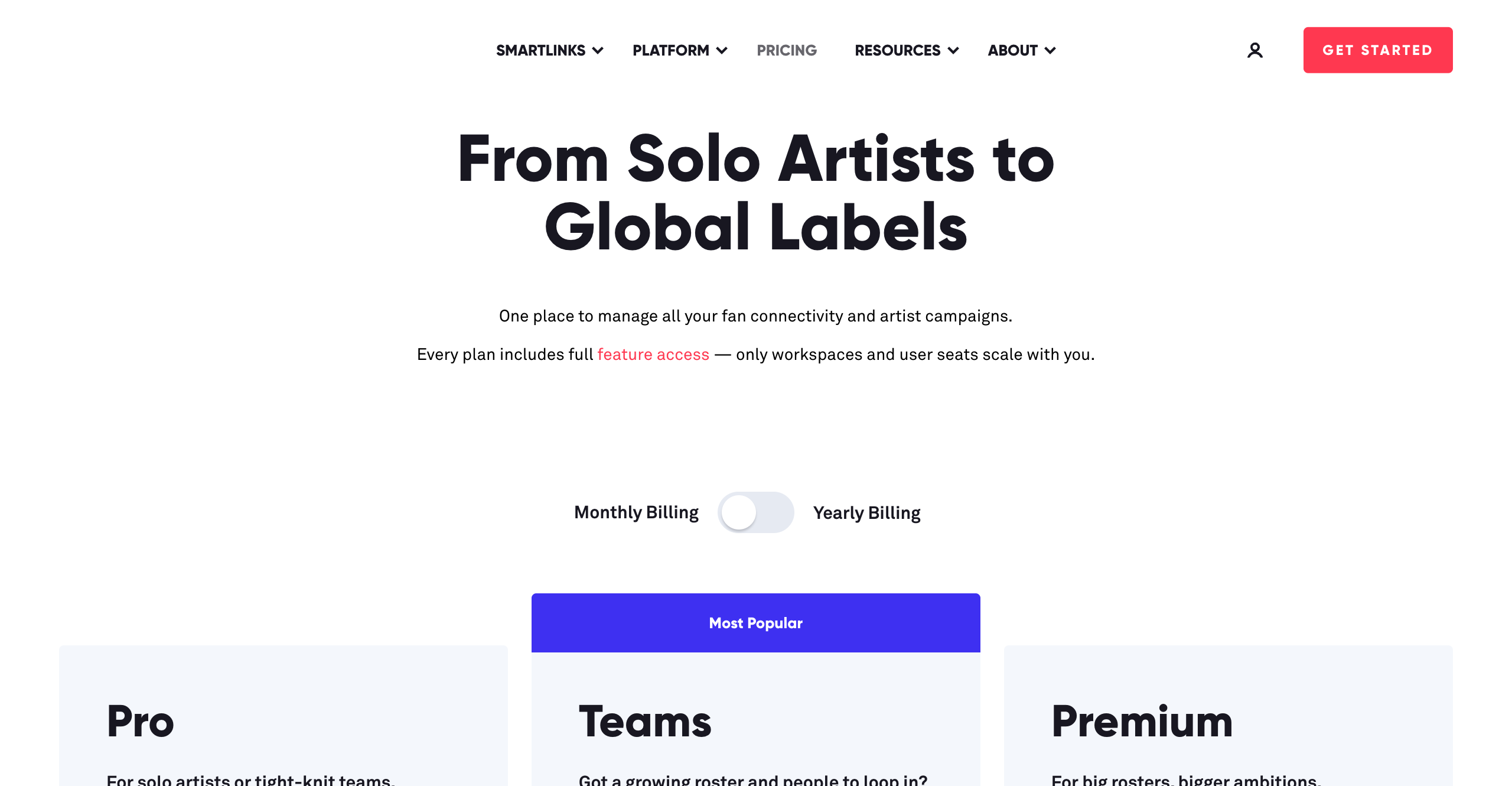 Linkfire pricing page screenshot
