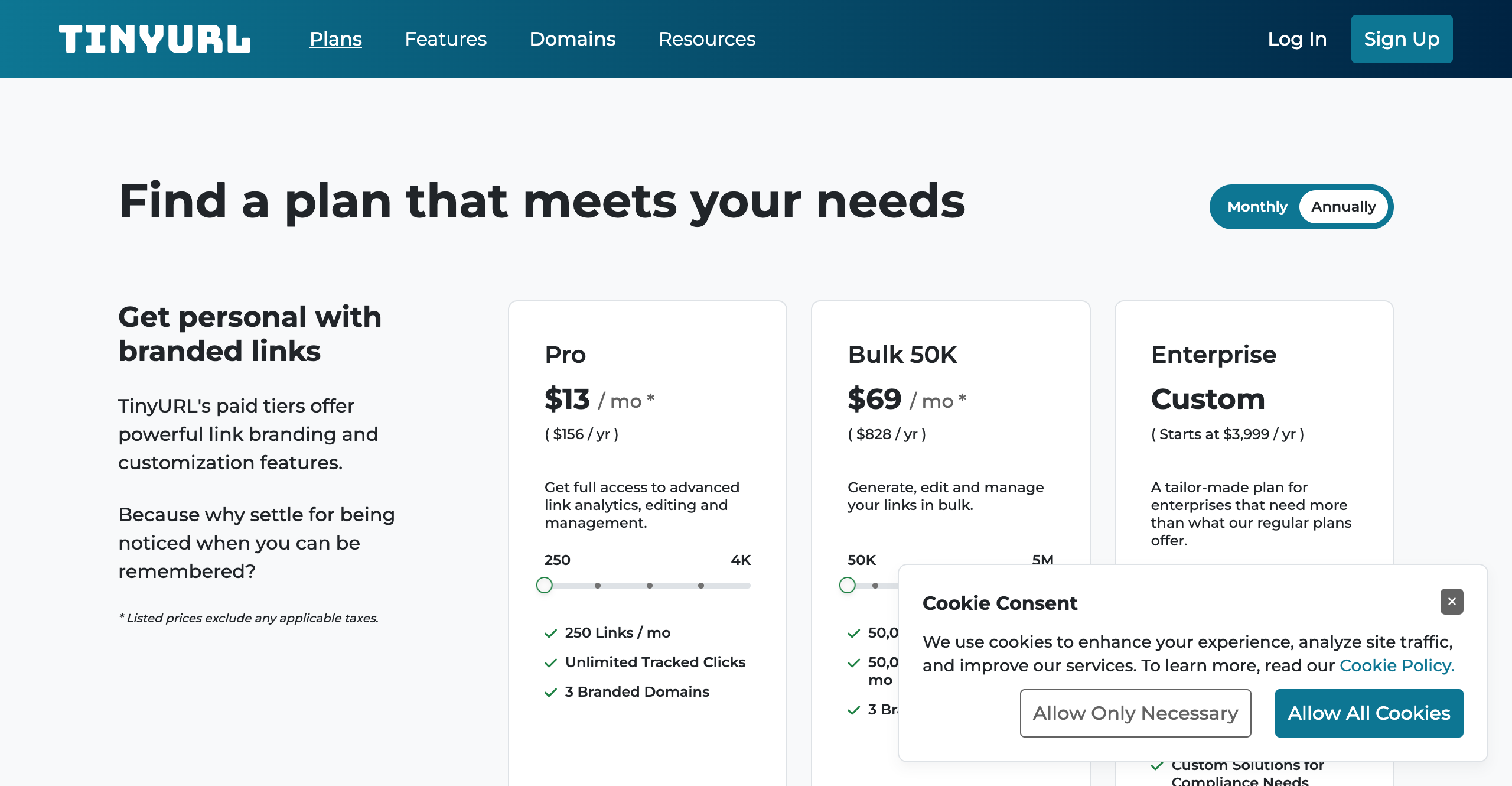 TinyURL pricing page screenshot
