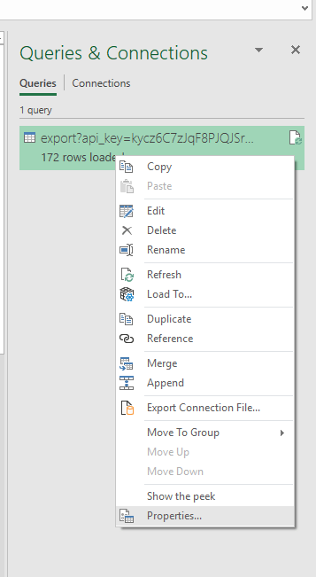 Right-click on query  → Select properties