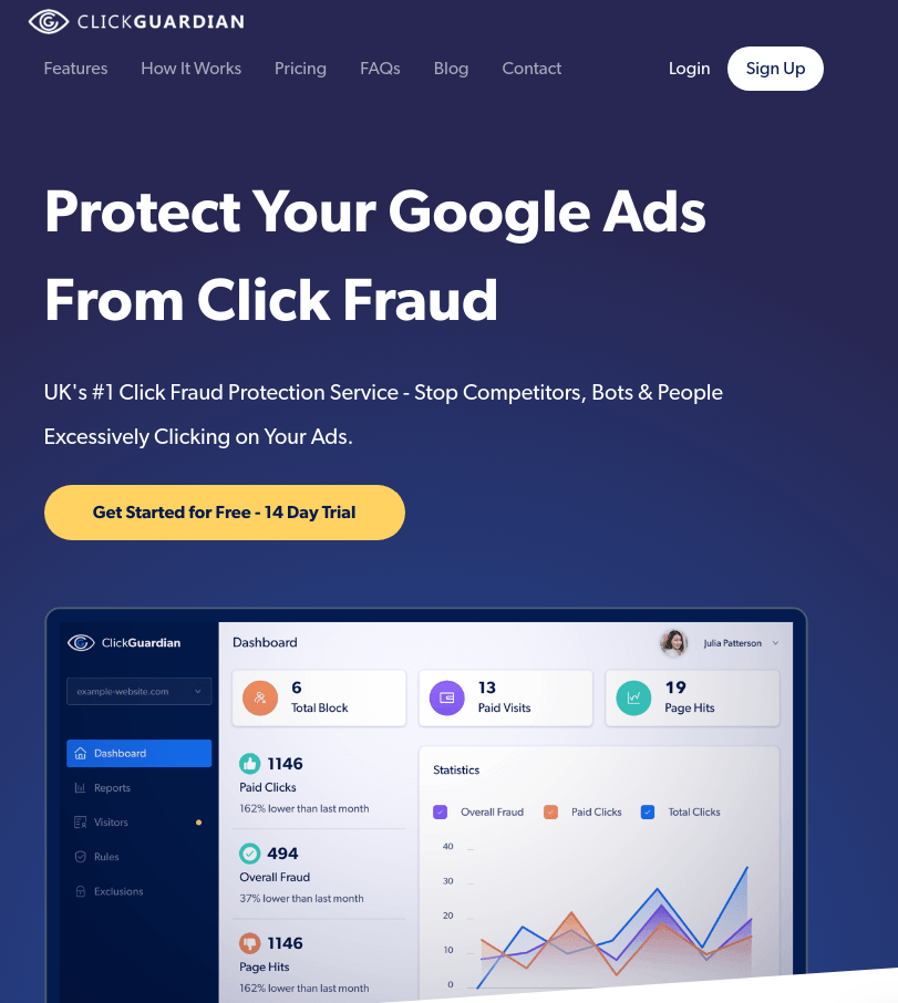 ClickGuardian is one of many services that claim they can detect click fraud. I take the view that sophisticated click fraud is notoriously hard to detect, and had better let Google or Cloudflare tackle that problem than try to do it yourself.