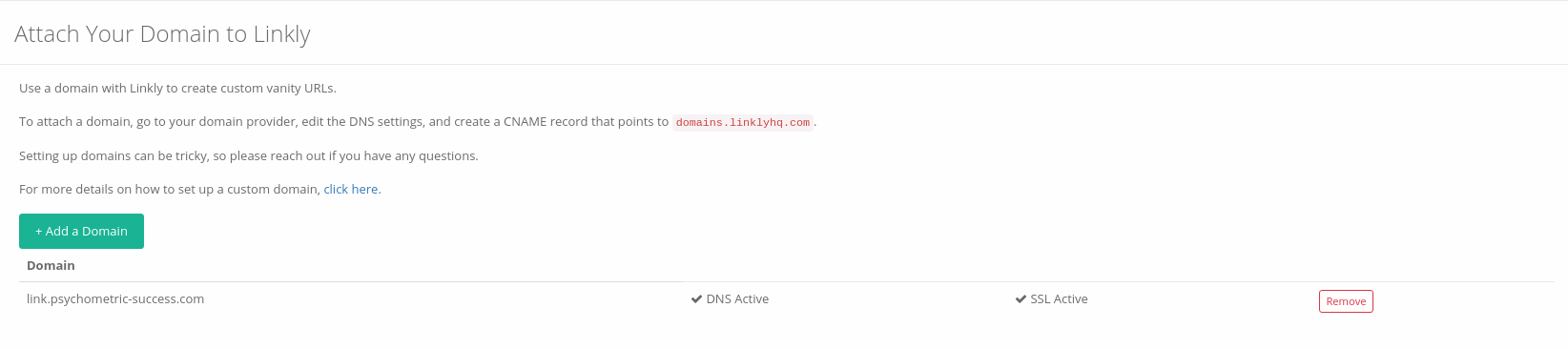 You’ll see DNS Active when Linkly detects the right DNS settings. Linkly will generate an SSL certificate, which takes about 20 minutes, and then finally you’ll see SSL Active. After that, your domain will be ready for use.